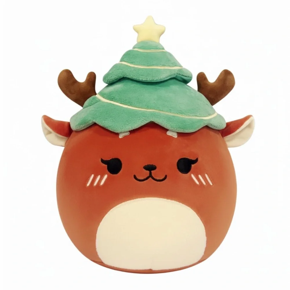 Merry Christmas ‘Reindeer Plushie with Tree Hat’ Holiday Pillow